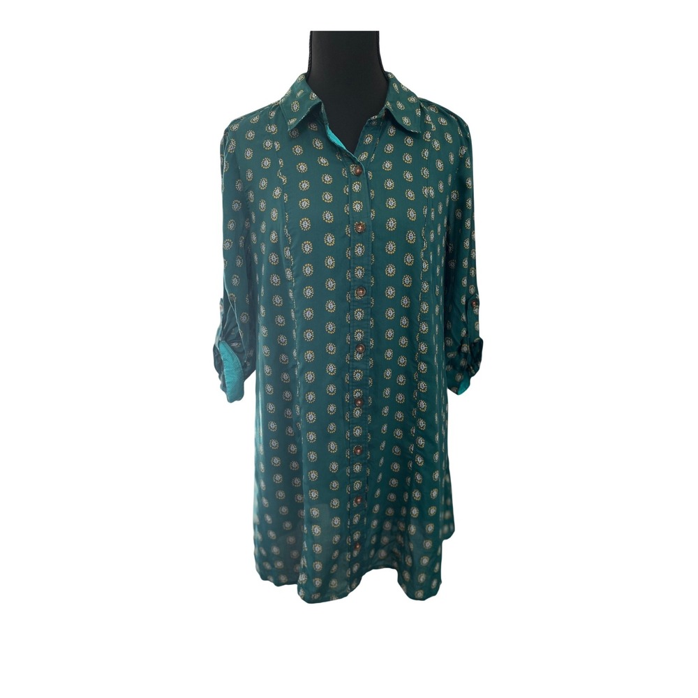 Maeve Tunic Shirt Dress Womens Small Teal Green Geometric Roll Tab Sleeve